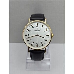 Breda Gold White Dial Quartz Unisex Watch Black Leather Strap New Battery Dallas